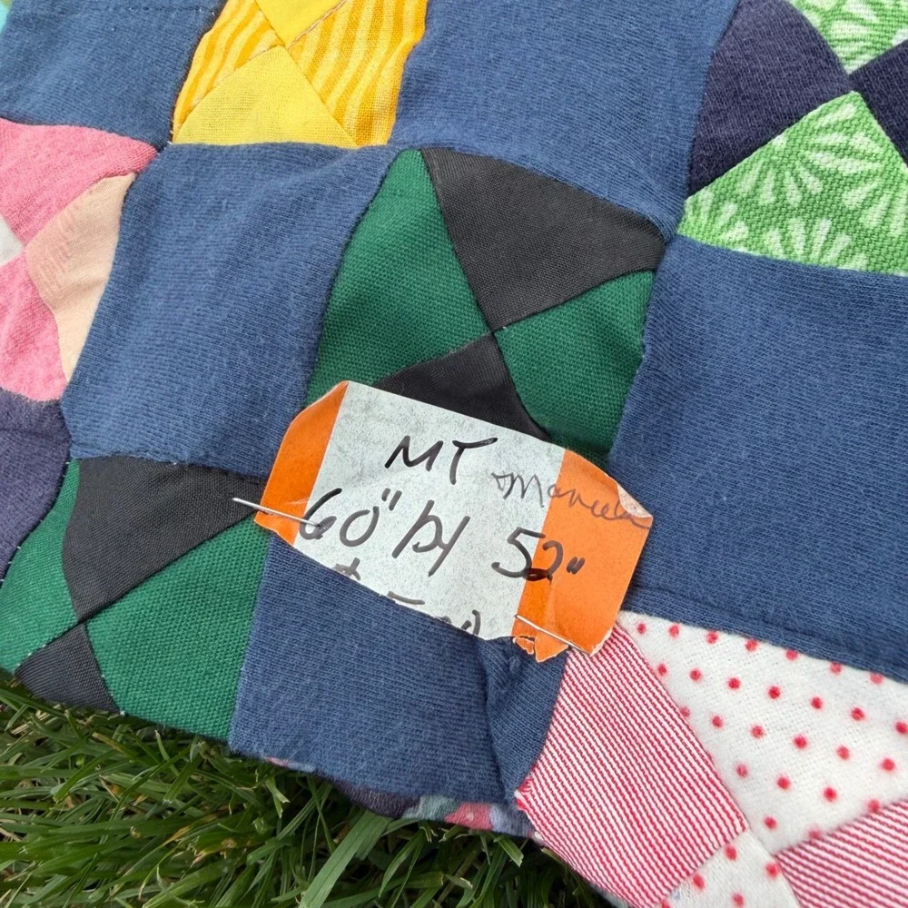 A- Handmade Patchwork Quilt Hourglass Bowtie Scrappy Multicolor Lap Throw 60x52